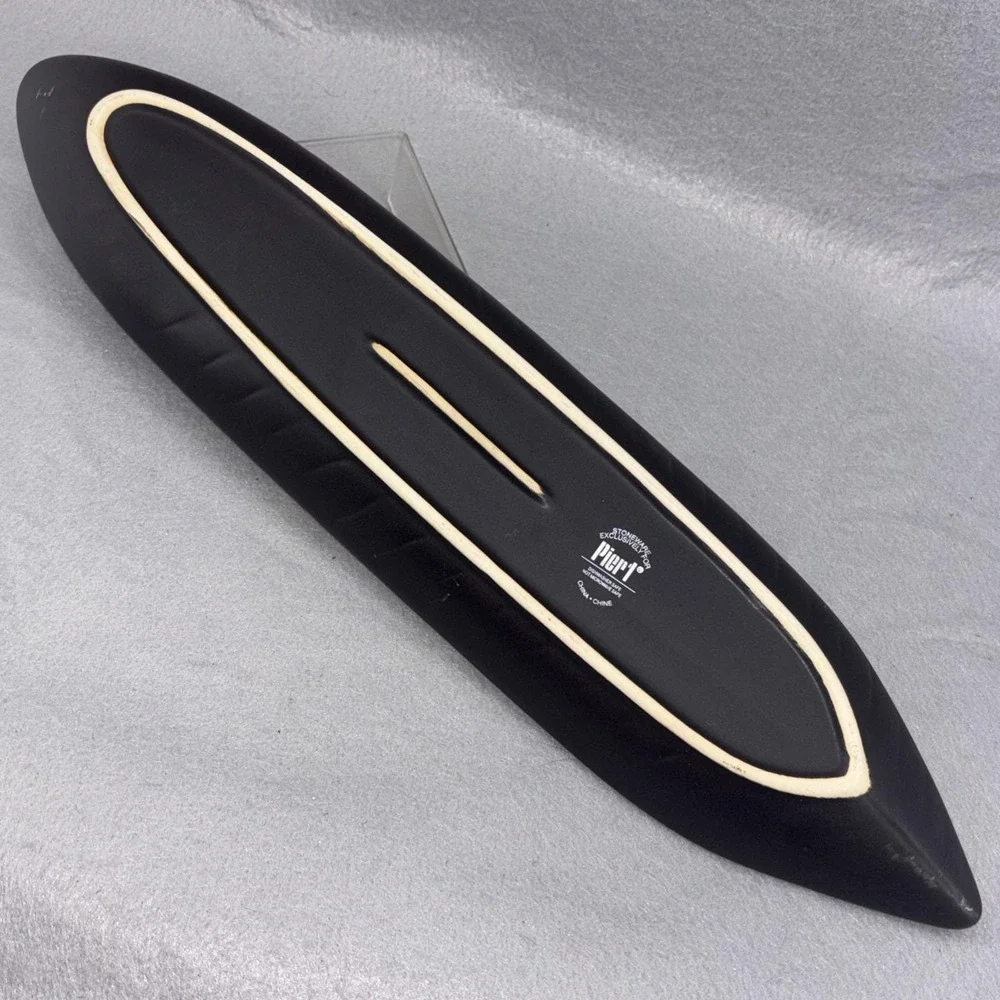 Vintage Pier One Stoneware Long Green Tropical Palm Leaf Appetizer Boat‎ Plate